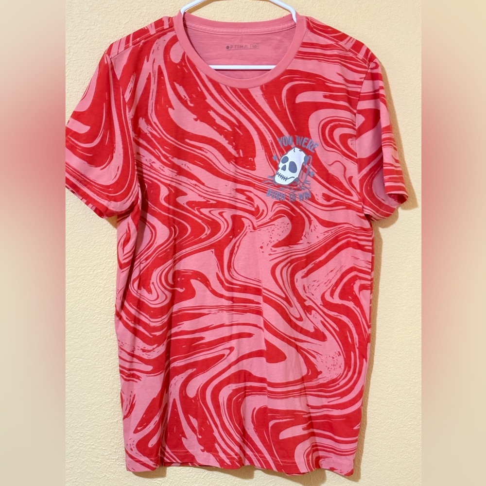 Optima Red Pink Psychedelic Marble Swirl All Over Print Graphic Tee Size L